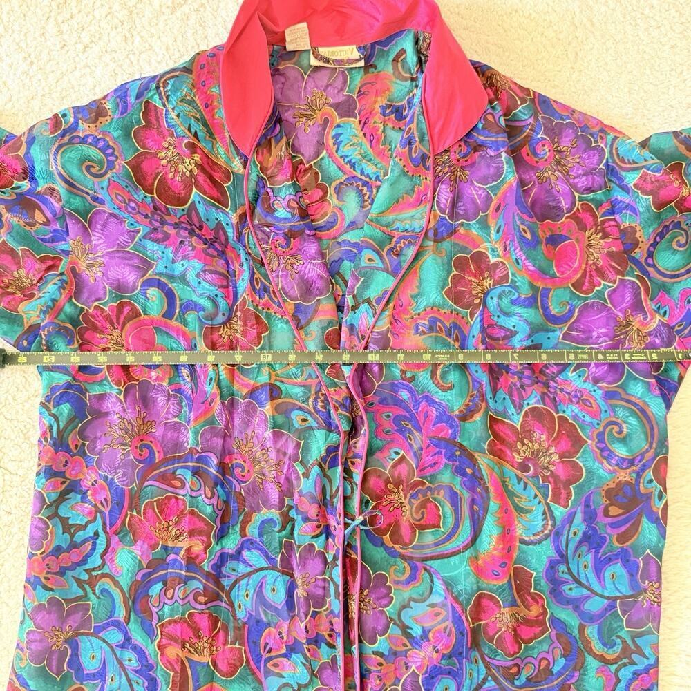 Vtg Victorias Secret Gold Label Paisley Long Robe Pink Satin Trim Fringe Glam S - Picture 12 of 15